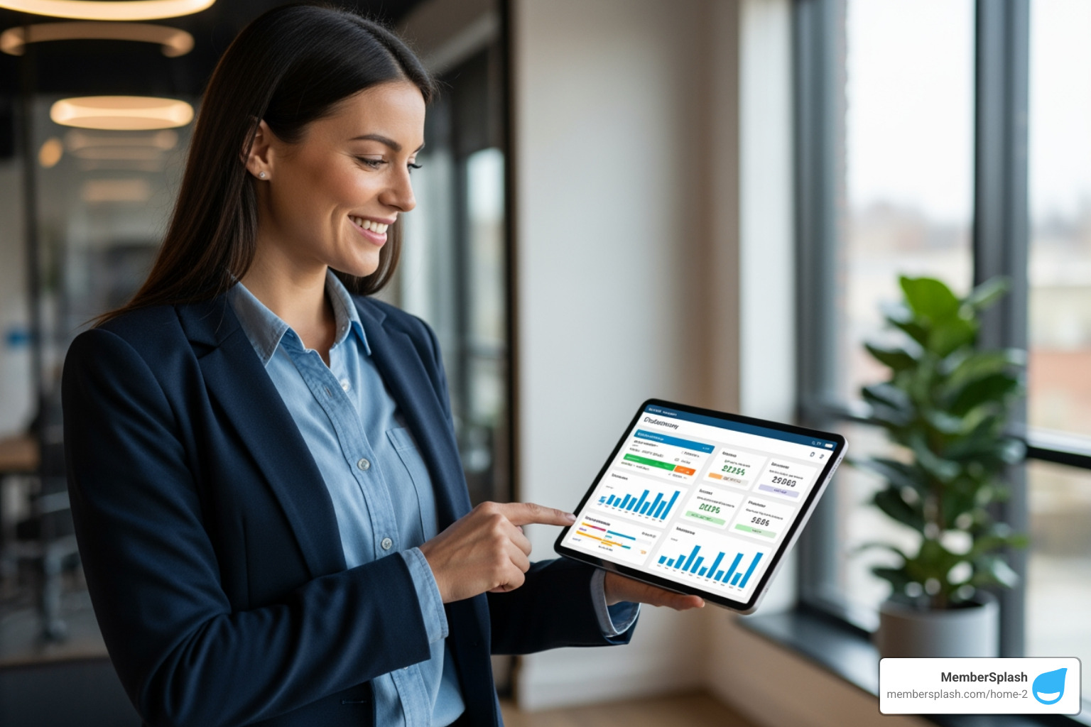 A property manager smiling while looking at a dashboard on a tablet, showing charts and data points - Resident self-service portal
