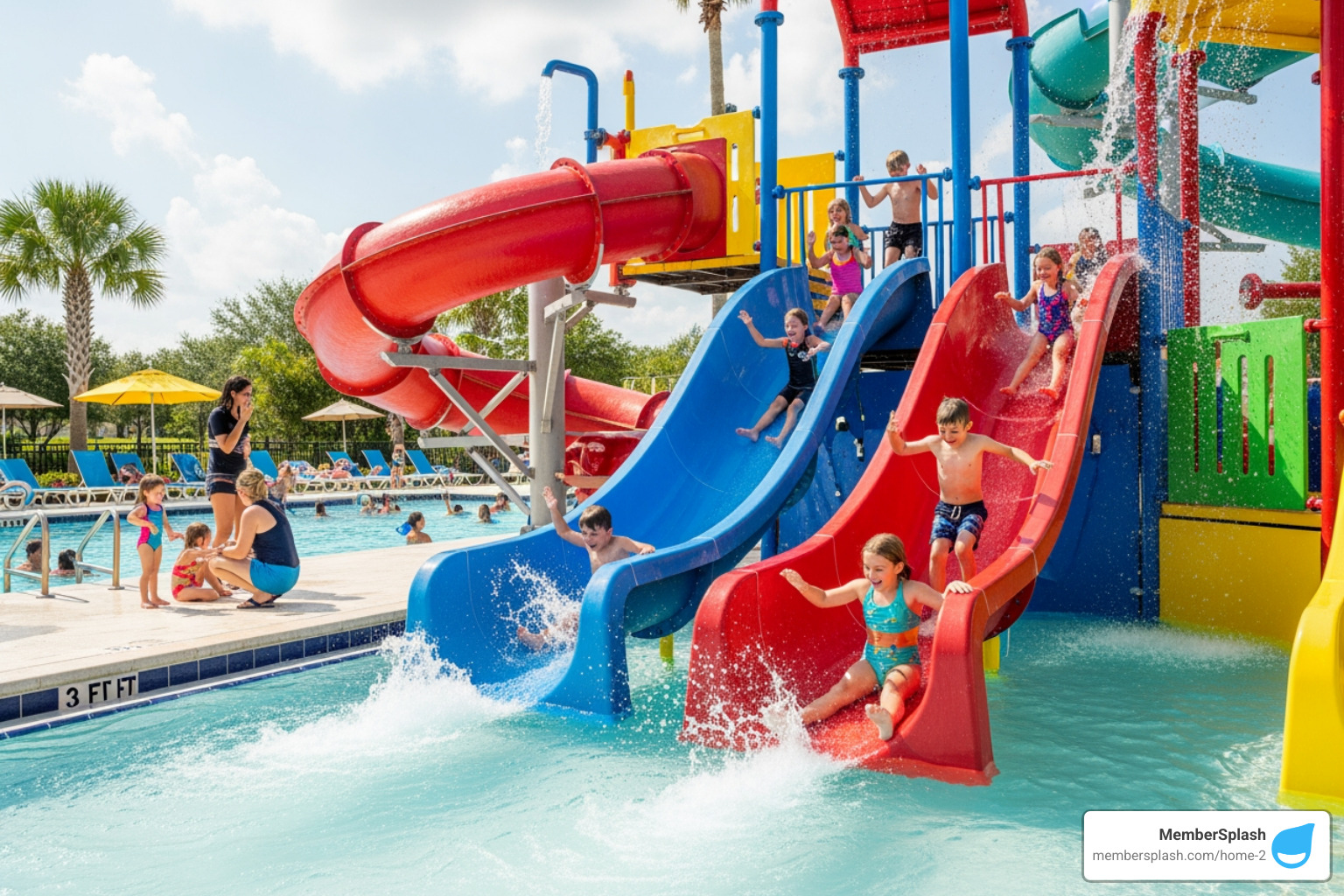 Children playing on a waterslide at a community pool - Maryland swim club