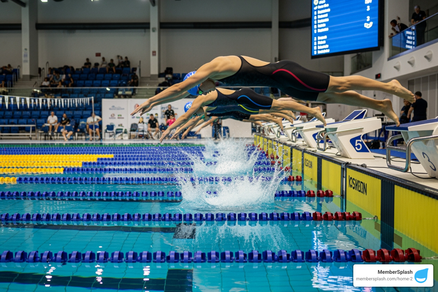 Swimmers diving off starting blocks at a competitive meet - Maryland swim club