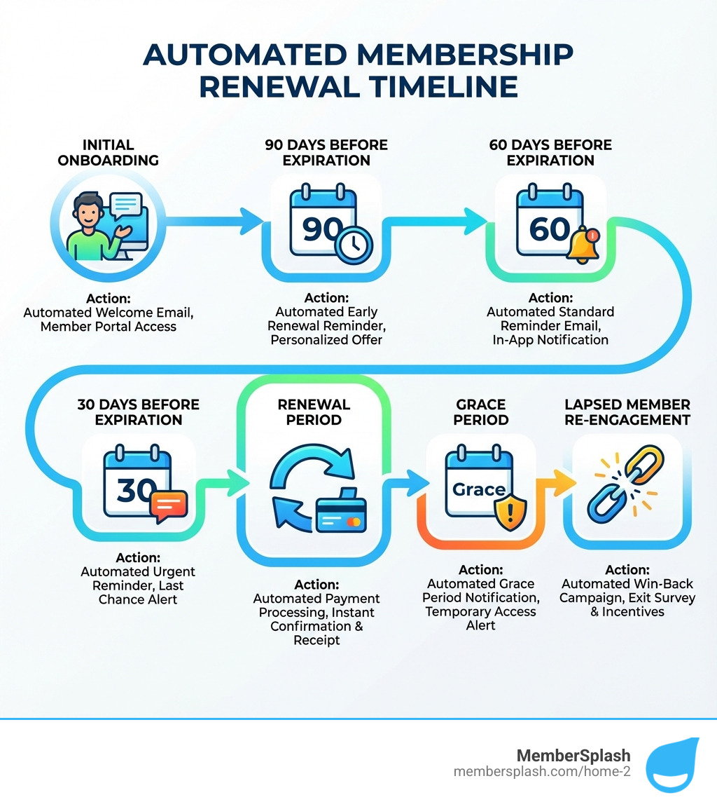 infographic showing the automated membership renewal timeline from initial onboarding through renewal reminders at 90, 60, and 30 days before expiration, renewal period, grace period notifications, and lapsed member re-engagement campaigns, with automated actions at each stage - Automated membership renewals infographic 