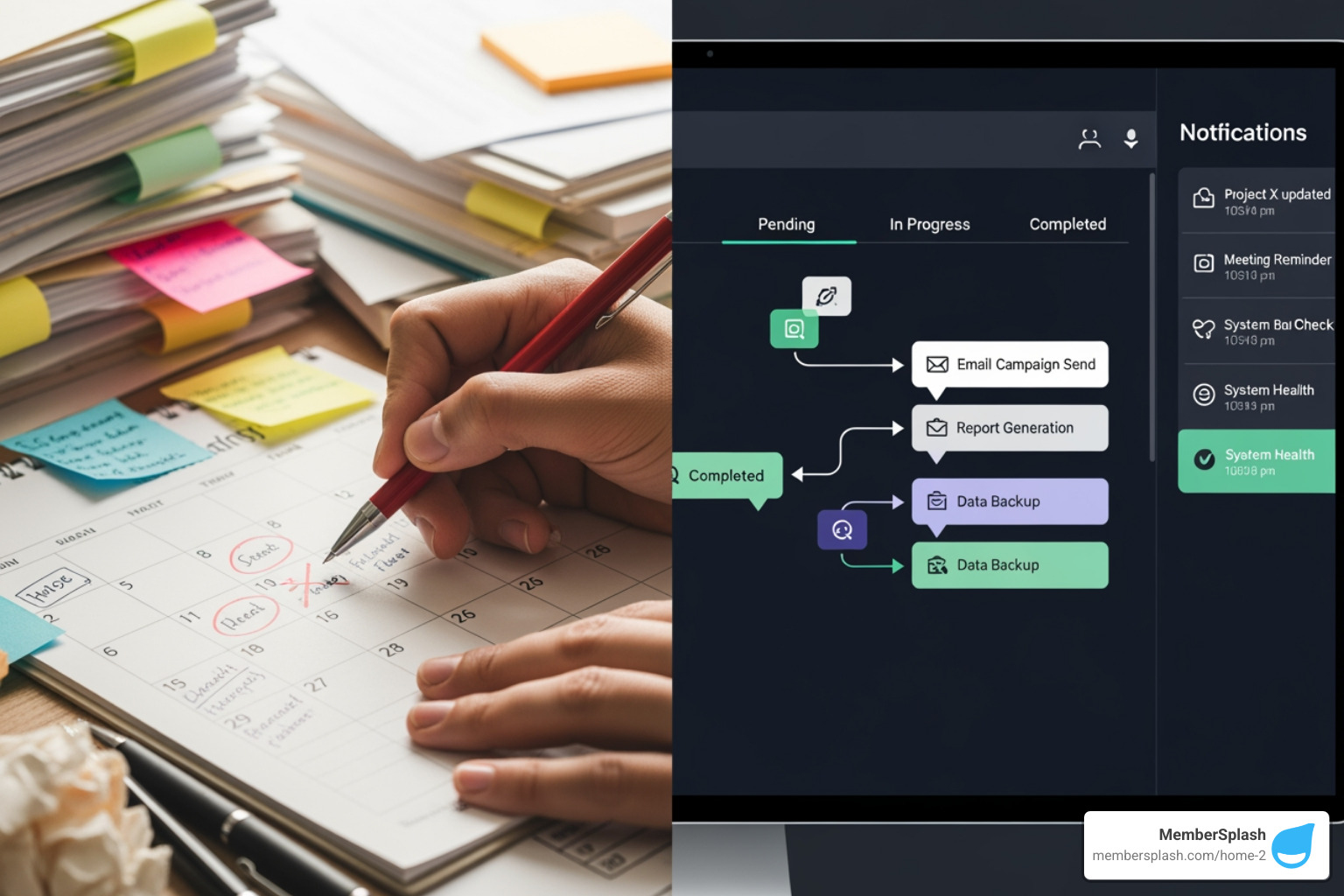 calendar with manual reminders vs. automated workflow diagram - Automated membership renewals