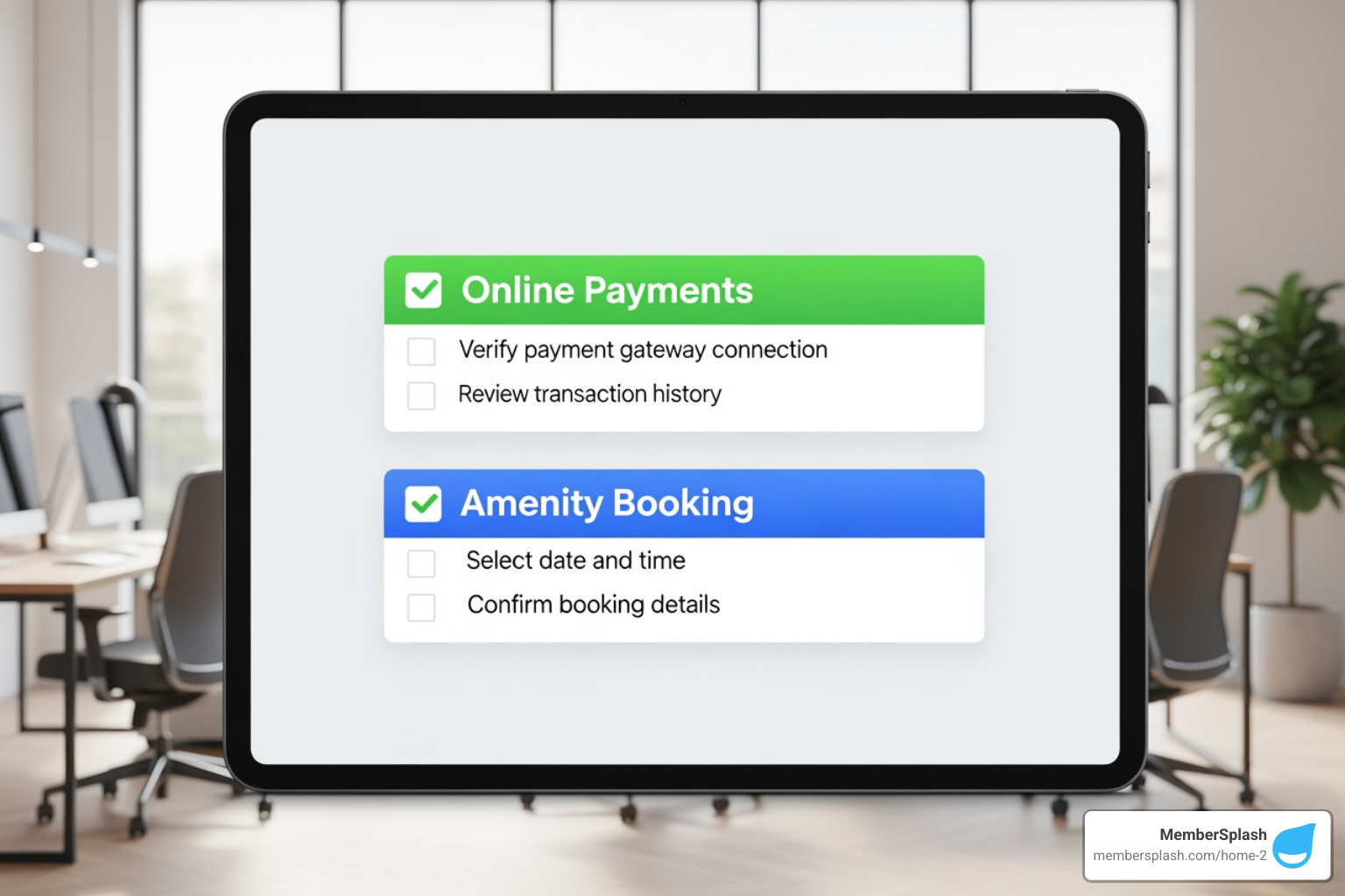 A checklist with key portal features like 'Online Payments' and 'Amenity Booking' highlighted, against a blurred background of a modern office - Resident self-service portal
