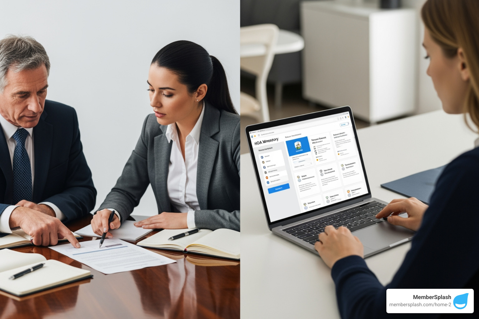split screen showing a person working with a management partner vs a person using a laptop - HOA management solutions split screen showing a person working with a management partner vs a person using a laptop - HOA management solutions