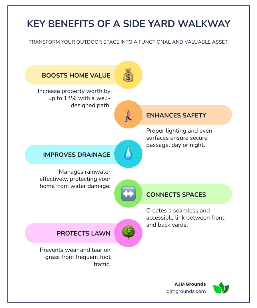 Infographic showing the key benefits of a side yard walkway: increased home value (up to 14%), improved safety with proper lighting and even surfaces, better drainage management with proper slope and permeable materials, enhanced property access connecting front to back yards, and reduced lawn damage from foot traffic - Side yard walkway infographic infographic-line-5-steps-colors