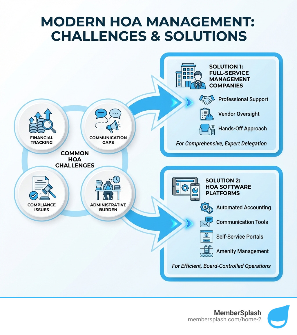 infographic showing common HOA management challenges (financial tracking, communication gaps, compliance issues, administrative burden) with arrows pointing to two solution types: Full-Service Management Companies (professional support, vendor oversight, hands-off approach) and HOA Software Platforms (automated accounting, communication tools, self-service portals, amenity management) - HOA management solutions infographic infographic showing common HOA management challenges (financial tracking, communication gaps, compliance issues, administrative burden) with arrows pointing to two solution types: Full-Service Management Companies (professional support, vendor oversight, hands-off approach) and HOA Software Platforms (automated accounting, communication tools, self-service portals, amenity management) - HOA management solutions infographic