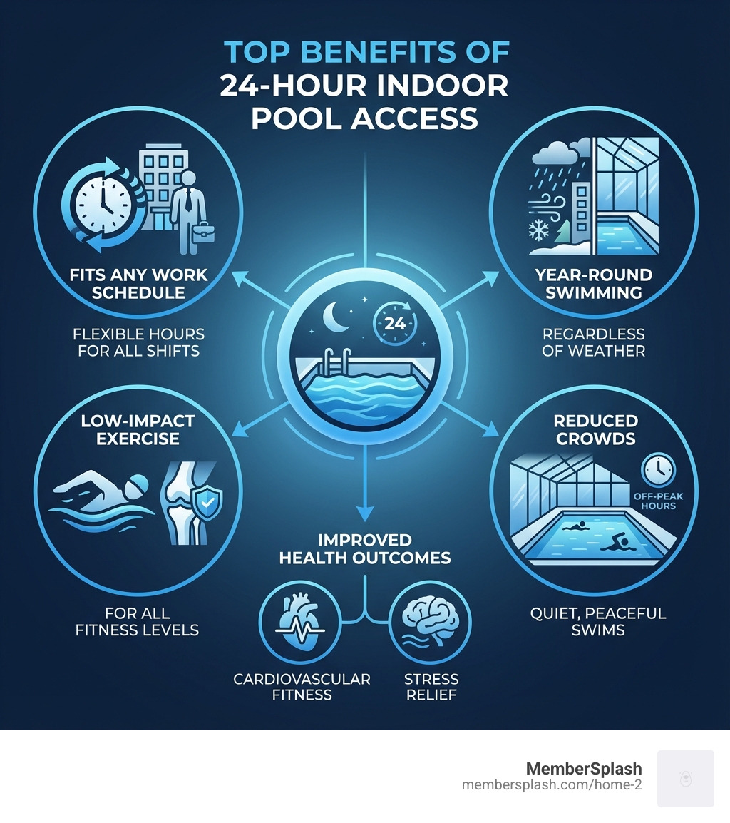 Infographic showing the top benefits of 24-hour indoor pool access: fits any work schedule with flexible hours, year-round swimming regardless of weather, low-impact exercise for all fitness levels, reduced crowds during off-peak hours, and improved health outcomes including cardiovascular fitness and stress relief - 24 hour indoor pool near me infographic 