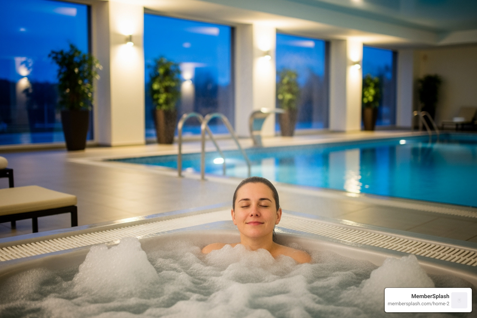 Person relaxing in a whirlpool next to a pool - 24 hour indoor pool near me