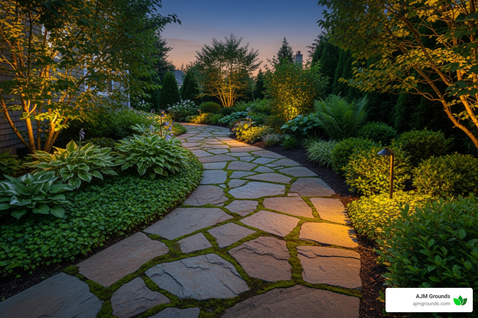 Curved flagstone side yard walkway with lush plantings and landscape lighting - Side yard walkway