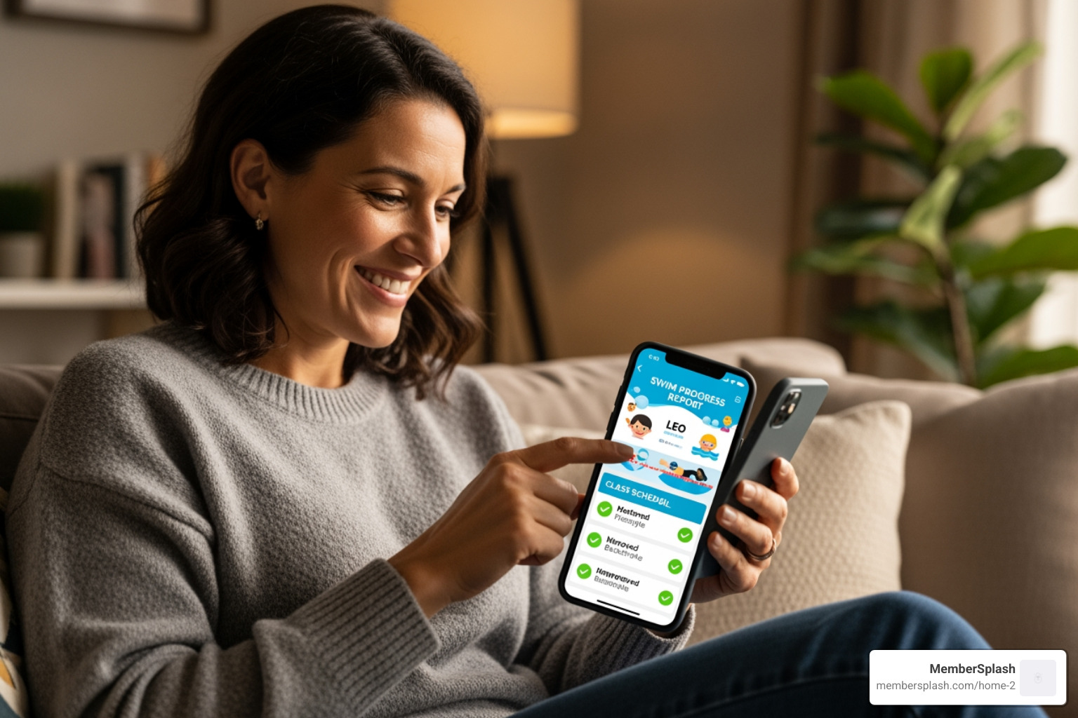 parent smiling while checking their child's swim progress on a smartphone - swim school software