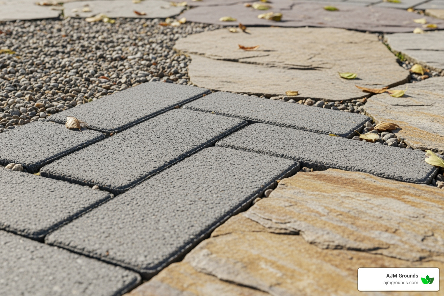 Close-up showing different walkway materials like gravel, pavers, and natural stone - Side yard walkway