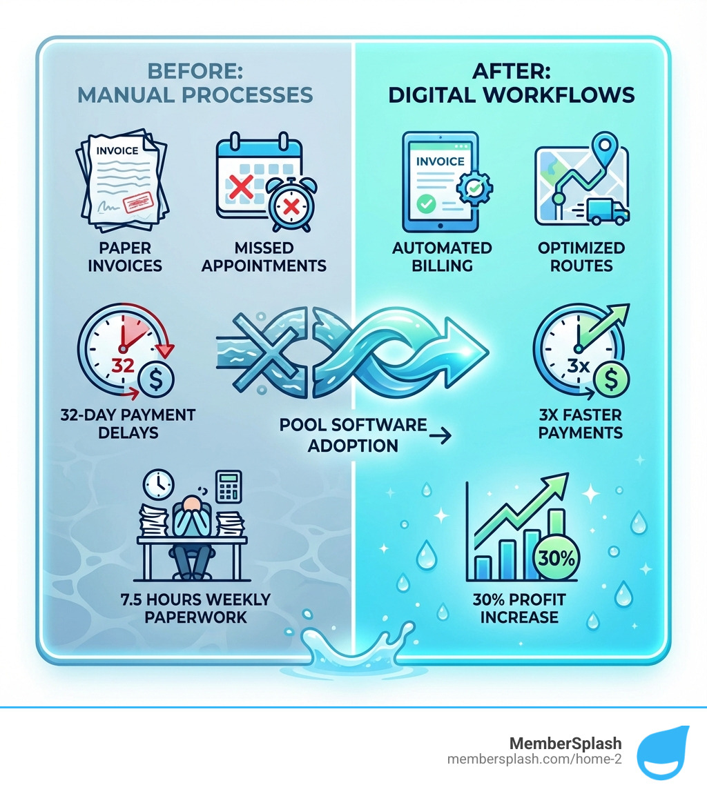 Infographic showing before and after pool software adoption: left side shows paper invoices, missed appointments, 32-day payment delays, and 7.5 hours weekly paperwork; right side shows automated billing, optimized routes, 3x faster payments, and 30% profit increase with digital workflows - pool business management software infographic Infographic showing before and after pool software adoption: left side shows paper invoices, missed appointments, 32-day payment delays, and 7.5 hours weekly paperwork; right side shows automated billing, optimized routes, 3x faster payments, and 30% profit increase with digital workflows - pool business management software infographic