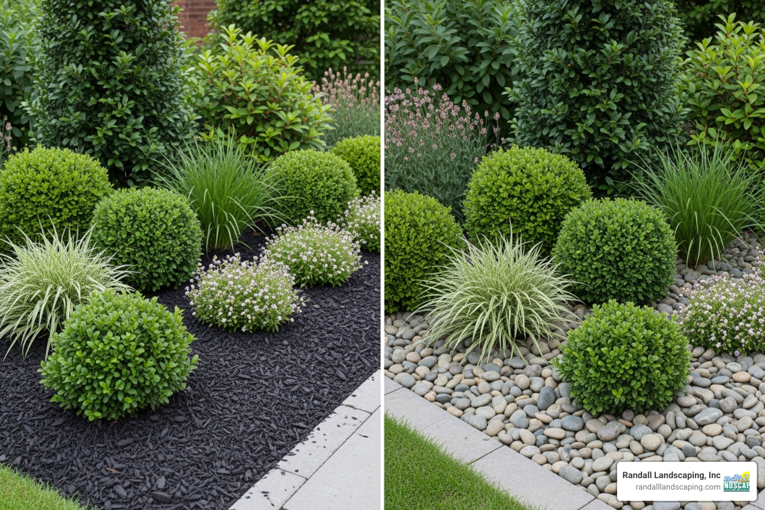 A side-by-side comparison of a garden bed with dark bark mulch on the left and a garden bed with decorative river stones on the right - Organic mulch benefits