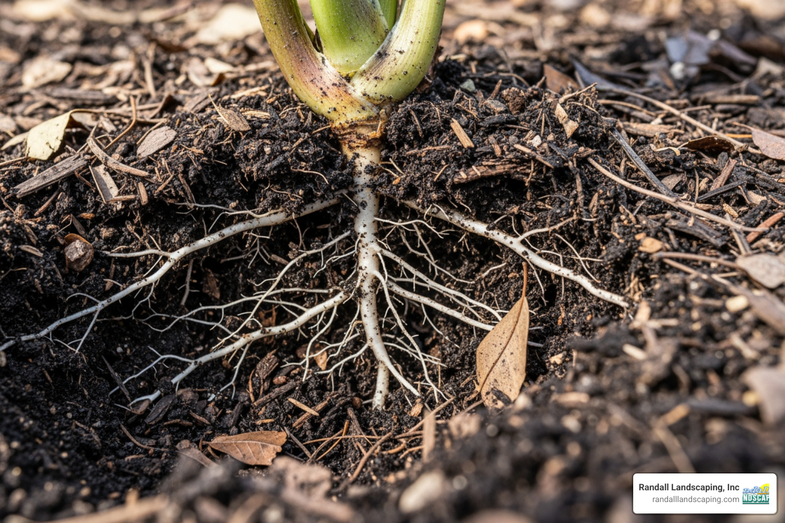 A close-up image of a plant's root system nestled beneath a protective layer of organic mulch - Organic mulch benefits