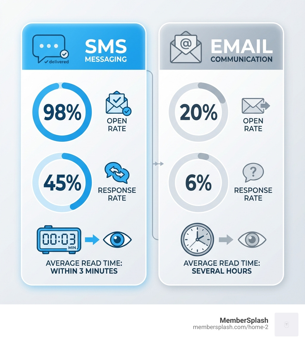 Infographic comparing SMS vs Email communication showing 98% open rate for SMS messages versus 20% for email, 45% response rate for SMS versus 6% for email, and average read time within 3 minutes for SMS versus several hours for email - SMS communication platform infographic Infographic comparing SMS vs Email communication showing 98% open rate for SMS messages versus 20% for email, 45% response rate for SMS versus 6% for email, and average read time within 3 minutes for SMS versus several hours for email - SMS communication platform infographic
