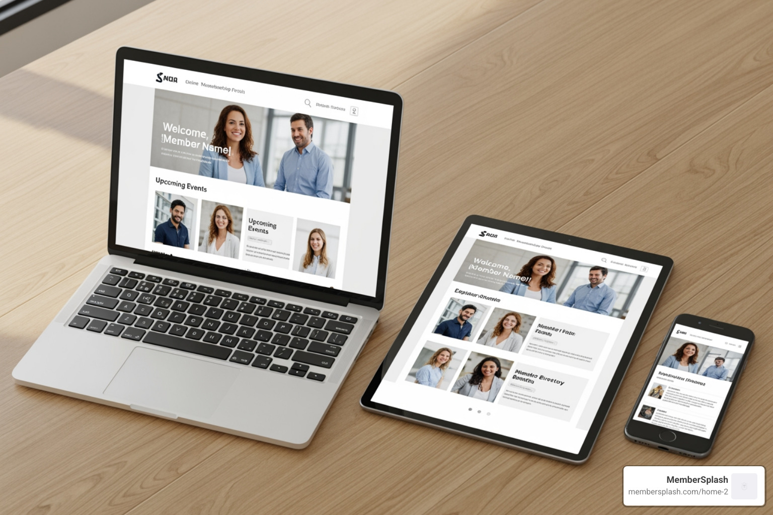 showing various devices (laptop, tablet, phone) displaying a responsive portal interface - online membership portal