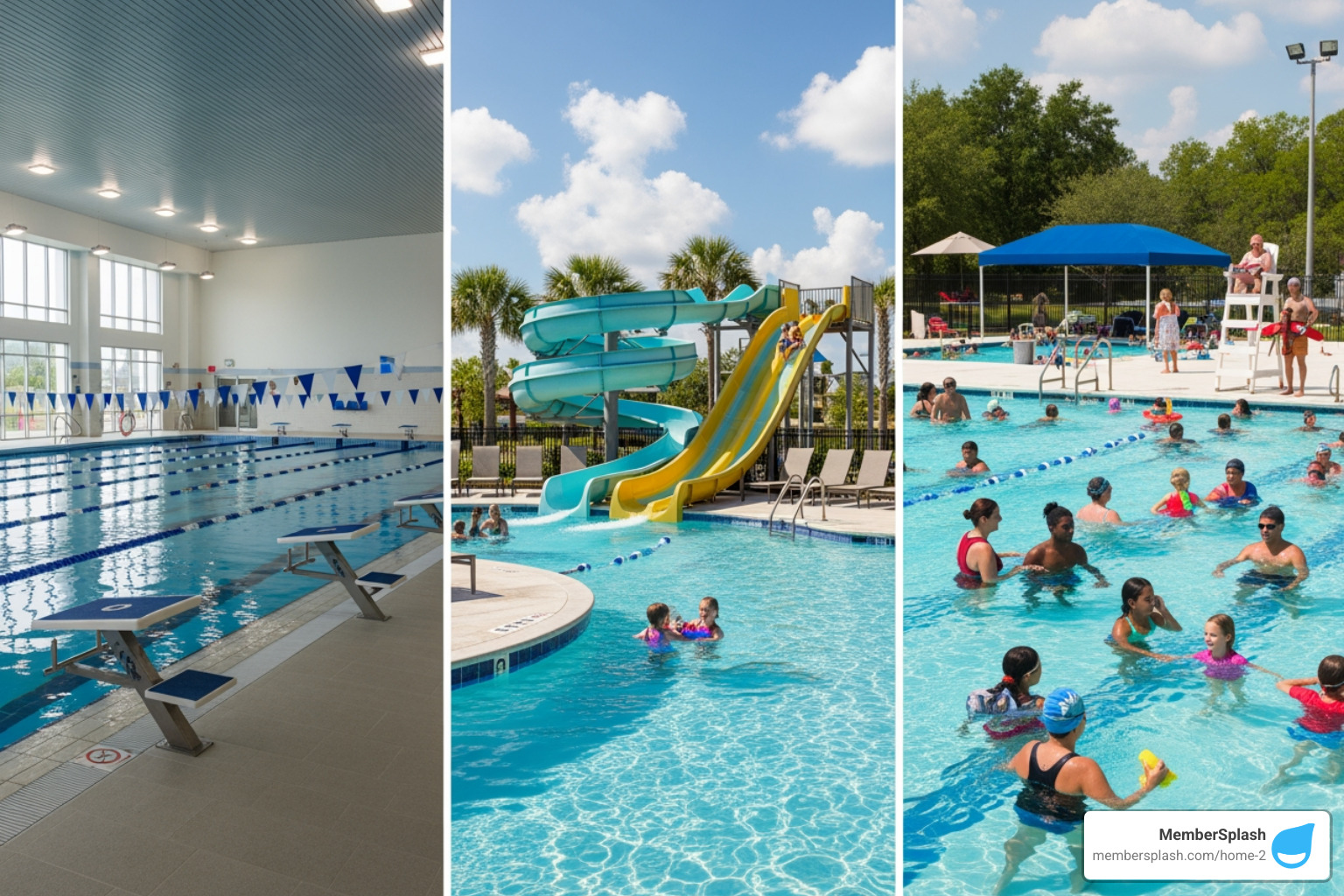 collage showing an indoor lap pool, an outdoor recreational pool with a slide, and a community pool - family swimming membership near me collage showing an indoor lap pool, an outdoor recreational pool with a slide, and a community pool - family swimming membership near me