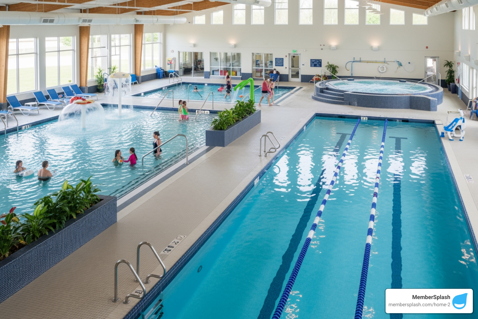a modern aquatics center with a lap pool, leisure area, and hot tub - indoor pool membership near me a modern aquatics center with a lap pool, leisure area, and hot tub - indoor pool membership near me