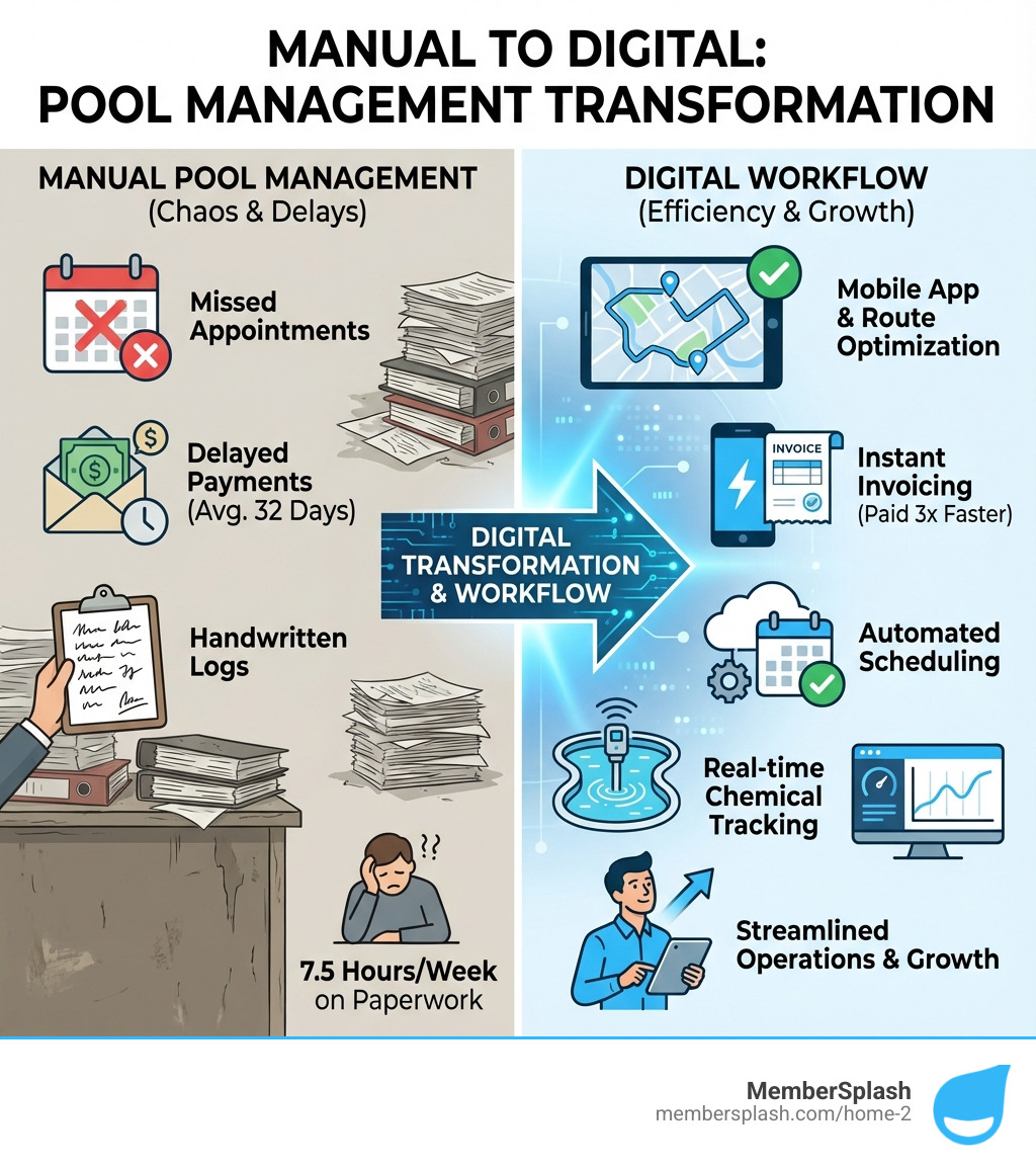 infographic showing transformation from manual pool management (stacks of paper, missed appointments, delayed payments, handwritten logs) to digital workflow (mobile app with route optimization, instant invoicing, automated scheduling, real-time chemical tracking) - pool manager software infographic 