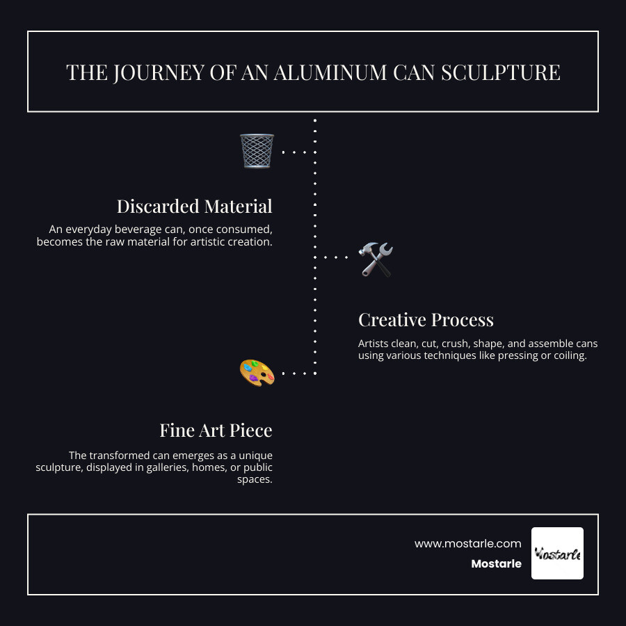 Infographic showing the transformation journey of an aluminum beverage can: starting as a discarded drink container, moving through stages of collection and cleaning, then cutting or crushing into workable pieces, shaping using techniques like pressing or coiling, assembling into final sculpture form, and ending as a finished piece of fine art displayed in homes or galleries - aluminium can sculpture infographic infographic-line-3-steps-dark