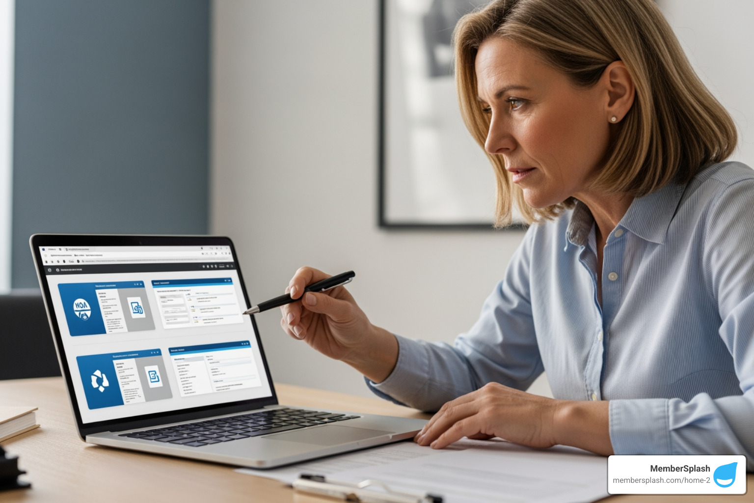 An HOA board member reviews software options on a laptop, comparing features and pricing. - HOA community software An HOA board member reviews software options on a laptop, comparing features and pricing. - HOA community software