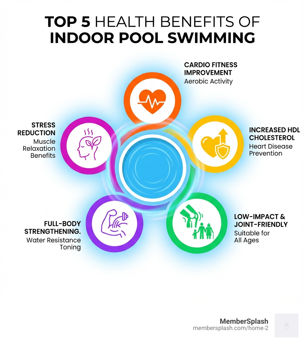Infographic showing the top 5 health benefits of indoor pool swimming: cardiovascular fitness improvement through aerobic activity, increased HDL good cholesterol levels for heart disease prevention, low-impact joint-friendly exercise suitable for all ages, full-body muscle strengthening and toning from water resistance, and stress reduction with muscle relaxation benefits - indoor pool membership near me infographic Infographic showing the top 5 health benefits of indoor pool swimming: cardiovascular fitness improvement through aerobic activity, increased HDL good cholesterol levels for heart disease prevention, low-impact joint-friendly exercise suitable for all ages, full-body muscle strengthening and toning from water resistance, and stress reduction with muscle relaxation benefits - indoor pool membership near me infographic