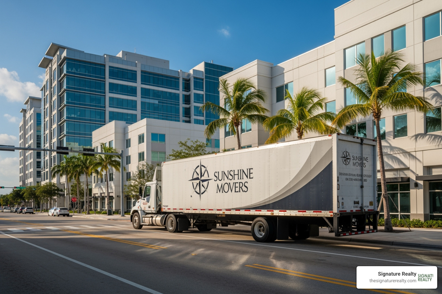 Moving truck in a commercial area of Doral, FL - Business relocation services Miami Moving truck in a commercial area of Doral, FL - Business relocation services Miami