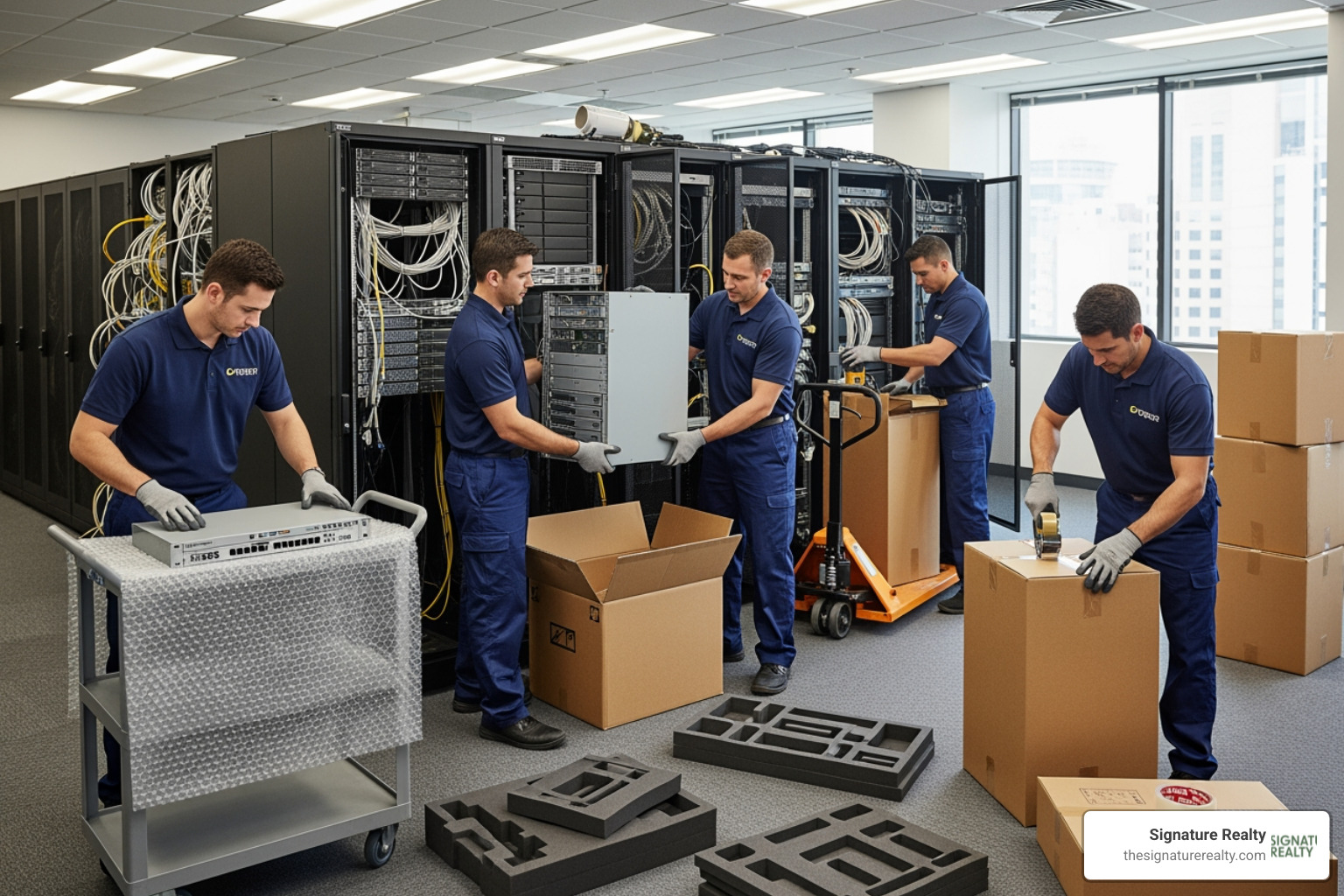 Team carefully packing IT equipment - Business relocation services Miami Team carefully packing IT equipment - Business relocation services Miami