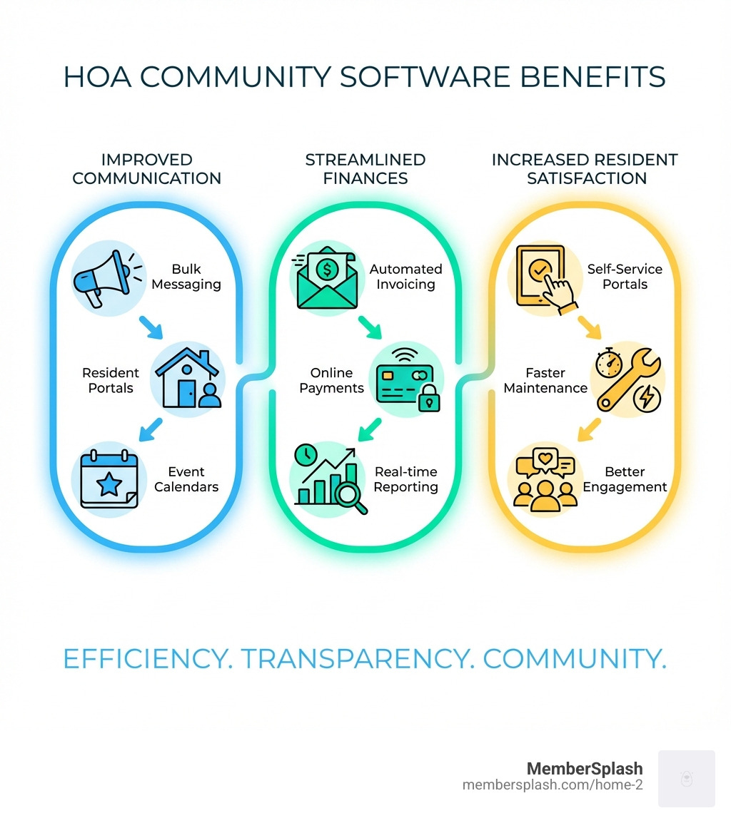 Infographic showing the three main benefits of HOA community software: 1) Improved Communication through bulk messaging, resident portals, and event calendars, 2) Streamlined Finances via automated invoicing, online payments, and real-time reporting, and 3) Increased Resident Satisfaction through self-service portals, faster maintenance responses, and better community engagement - HOA community software infographic Infographic showing the three main benefits of HOA community software: 1) Improved Communication through bulk messaging, resident portals, and event calendars, 2) Streamlined Finances via automated invoicing, online payments, and real-time reporting, and 3) Increased Resident Satisfaction through self-service portals, faster maintenance responses, and better community engagement - HOA community software infographic