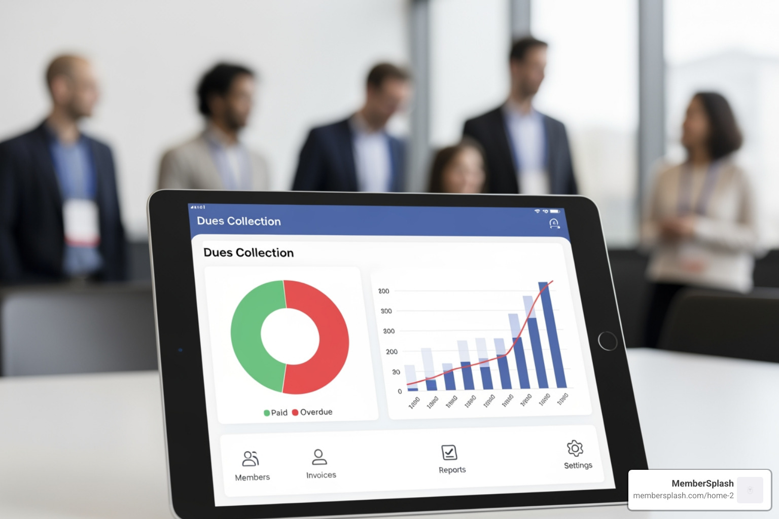 A clean, modern software dashboard highlighting automated invoicing, online payment processing, and member management features - Dues collection software