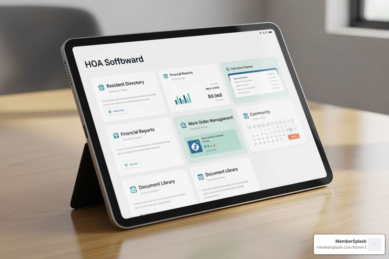 A clean, modern HOA software dashboard displayed on a tablet, showcasing various management modules. - HOA community software A clean, modern HOA software dashboard displayed on a tablet, showcasing various management modules. - HOA community software