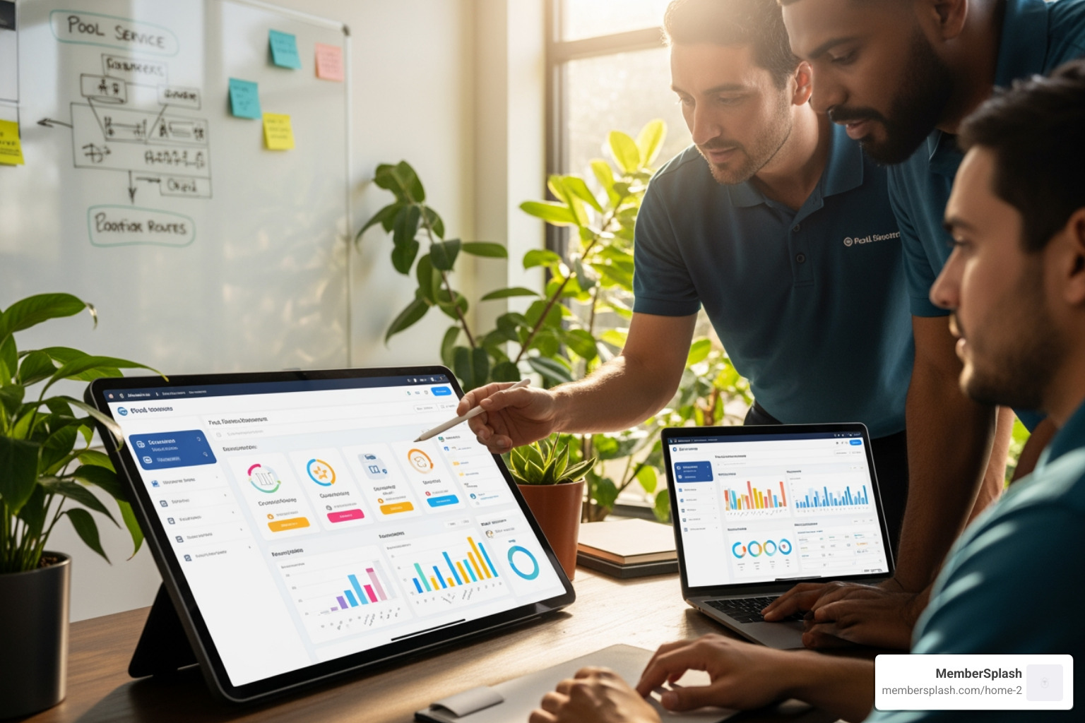 split screen showing a service route map on one side and a member check-in screen on the other - pool business management software split screen showing a service route map on one side and a member check-in screen on the other - pool business management software