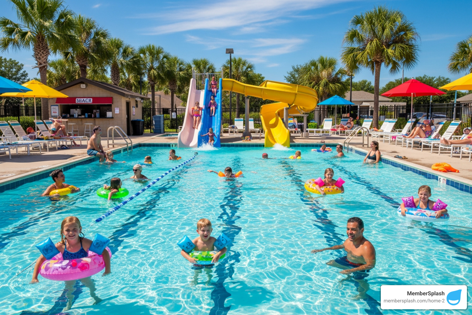 community pool with happy families swimming - pool membership software