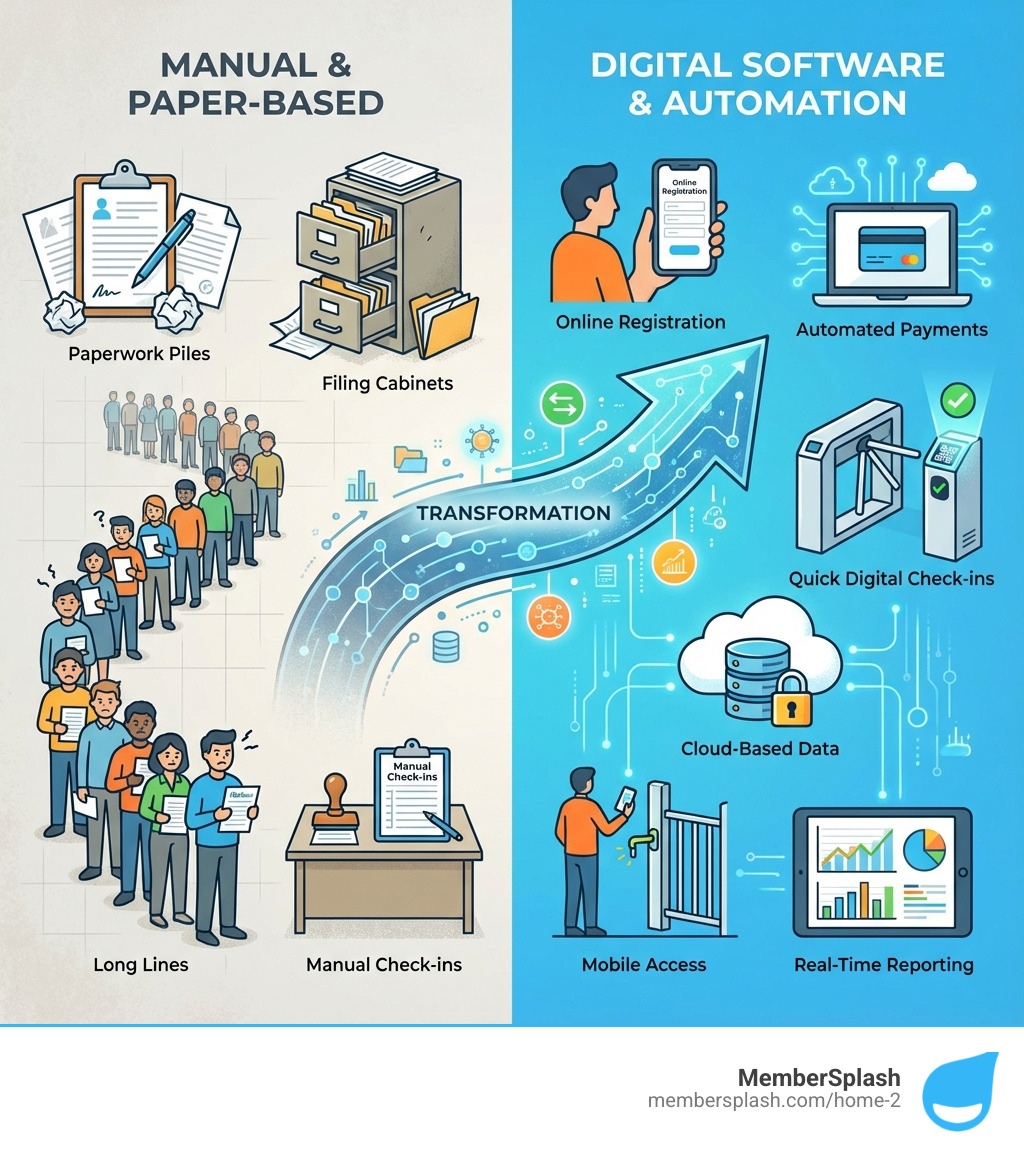 infographic showing the transformation from manual paper-based pool management (clipboards, filing cabinets, long lines, manual check-ins) to digital pool membership software (online registration, automated payments, quick digital check-ins, cloud-based data, mobile access, and real-time reporting) - pool membership software infographic 