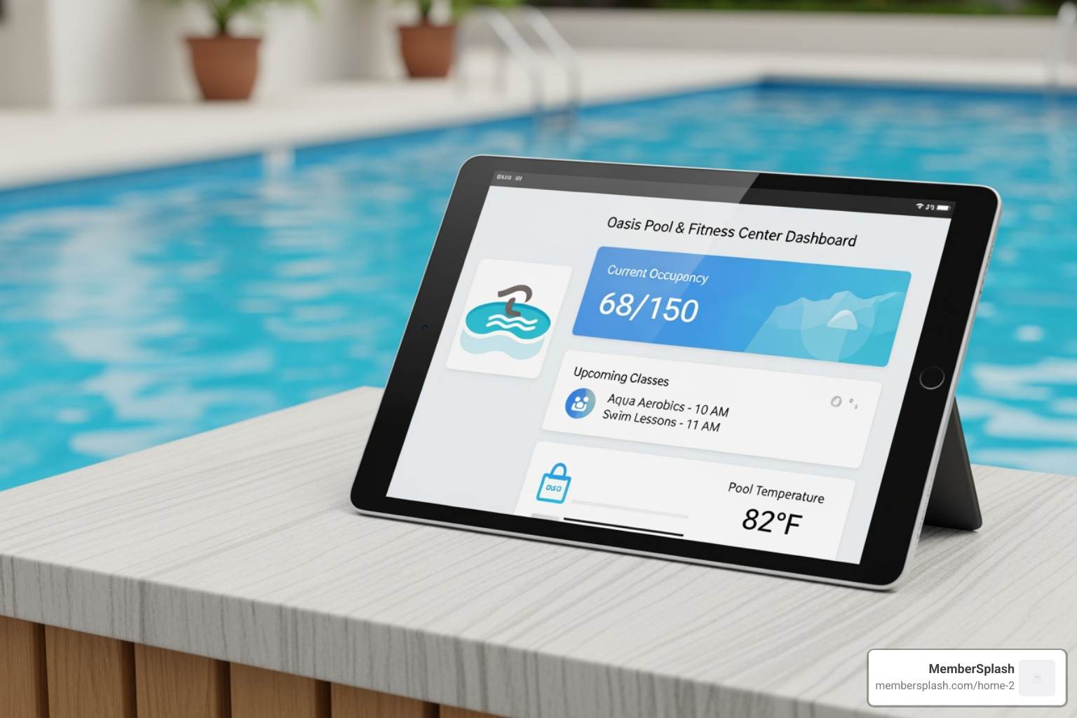 software dashboard on a tablet at a pool check-in desk - pool membership software