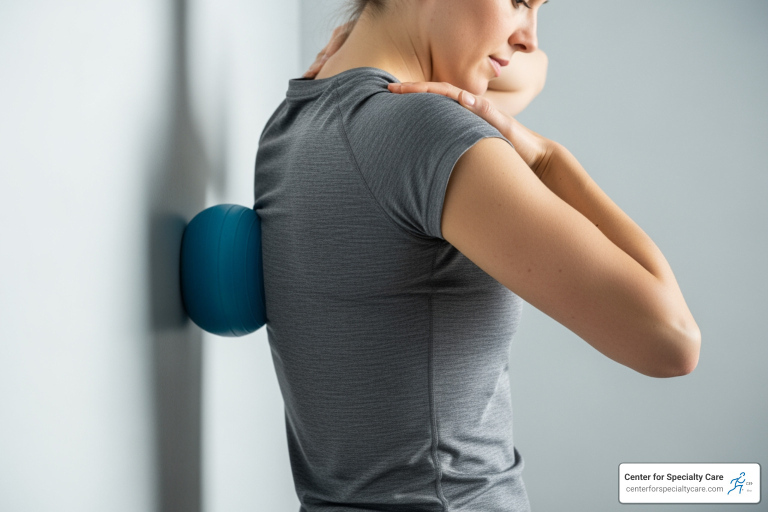 person using a massage ball against a wall for their shoulder blade - chronic muscle knots in shoulder blade