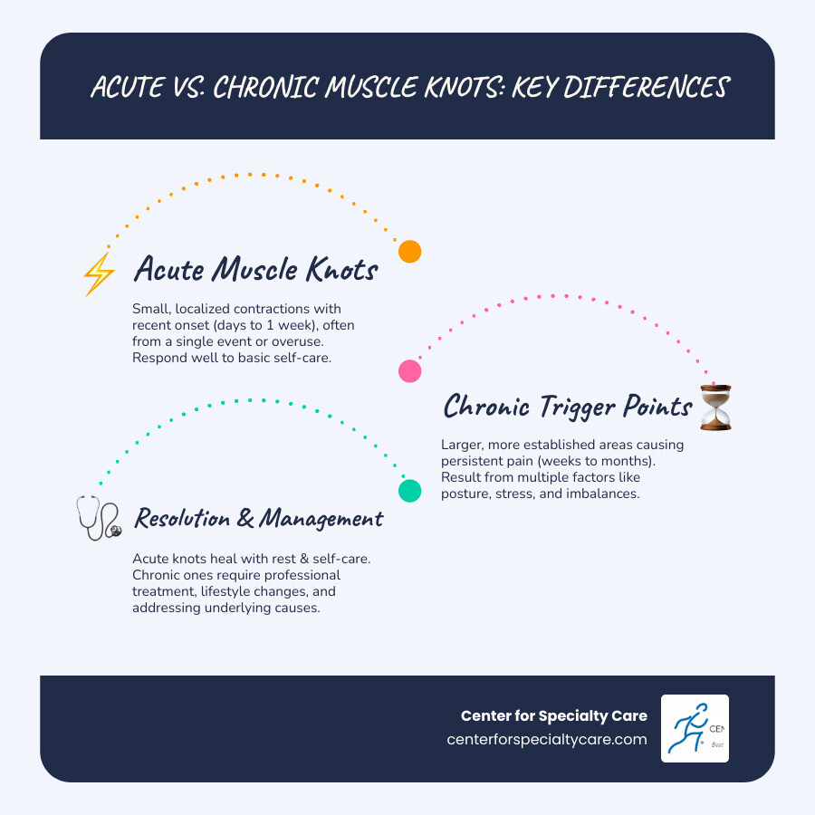 infographic showing the difference between acute and chronic muscle knots: acute knots appear as small contracted areas with recent onset lasting days to one week caused by single event or overuse responding to basic self-care, while chronic knots show larger more established trigger points with persistent pain lasting weeks to months caused by multiple factors like posture stress and muscle imbalances requiring professional treatment and lifestyle changes - chronic muscle knots in shoulder blade infographic infographic-line-3-steps-blues-accent_colors