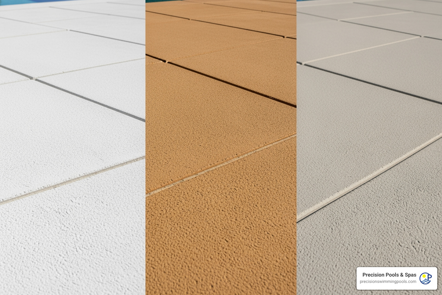 Three pool decks side-by-side in white, tan, and gray colors - best color for pool deck