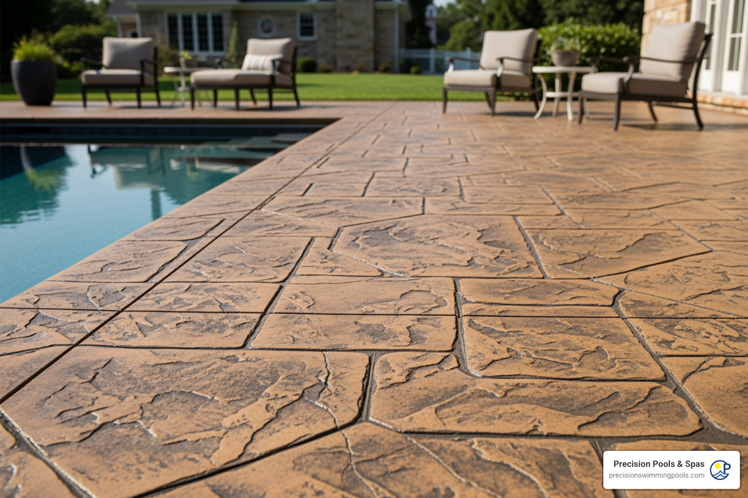 Stamped concrete pool deck with varied color tones - best color for pool deck