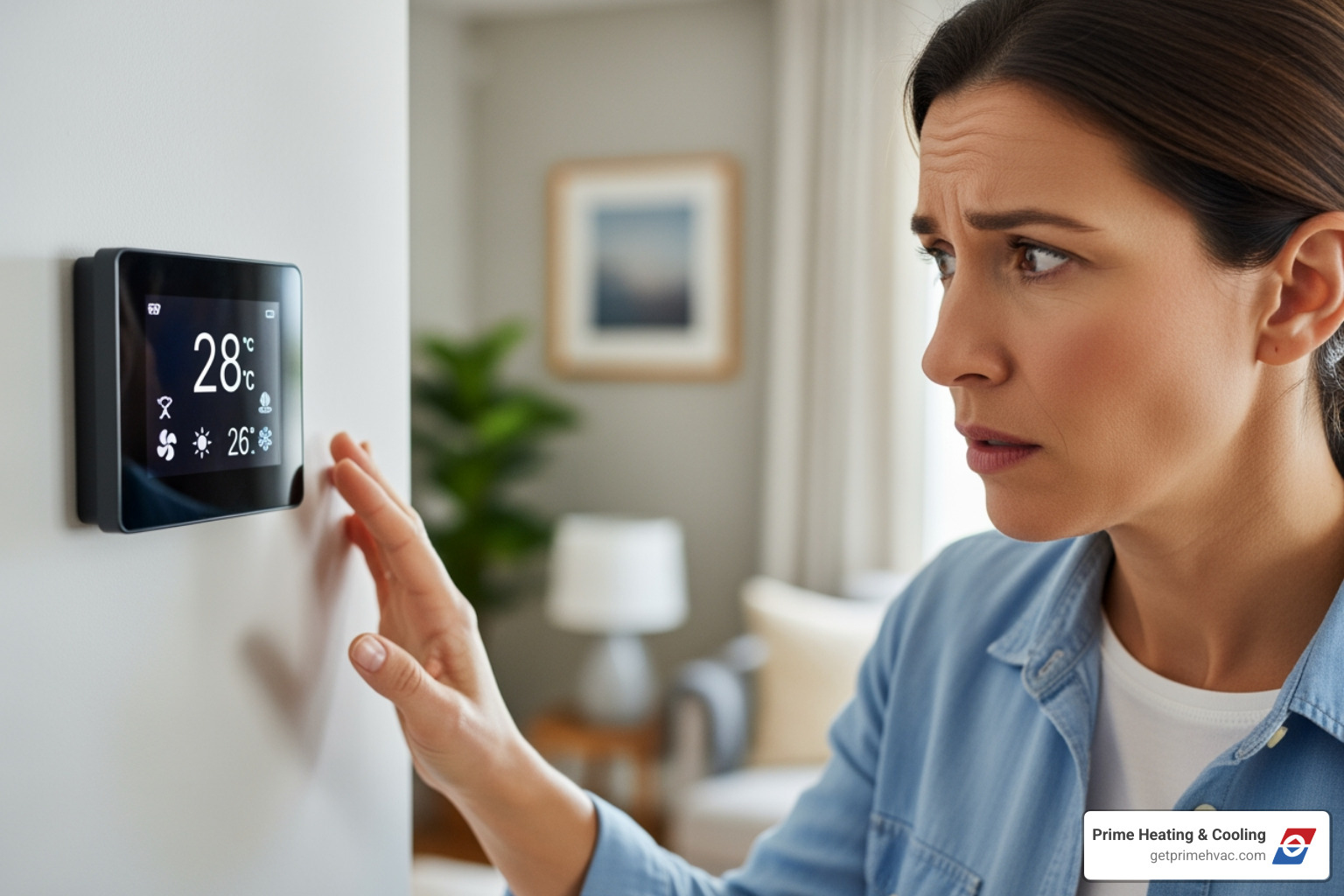 a homeowner looking quizzically at a thermostat - air conditioning & heating services