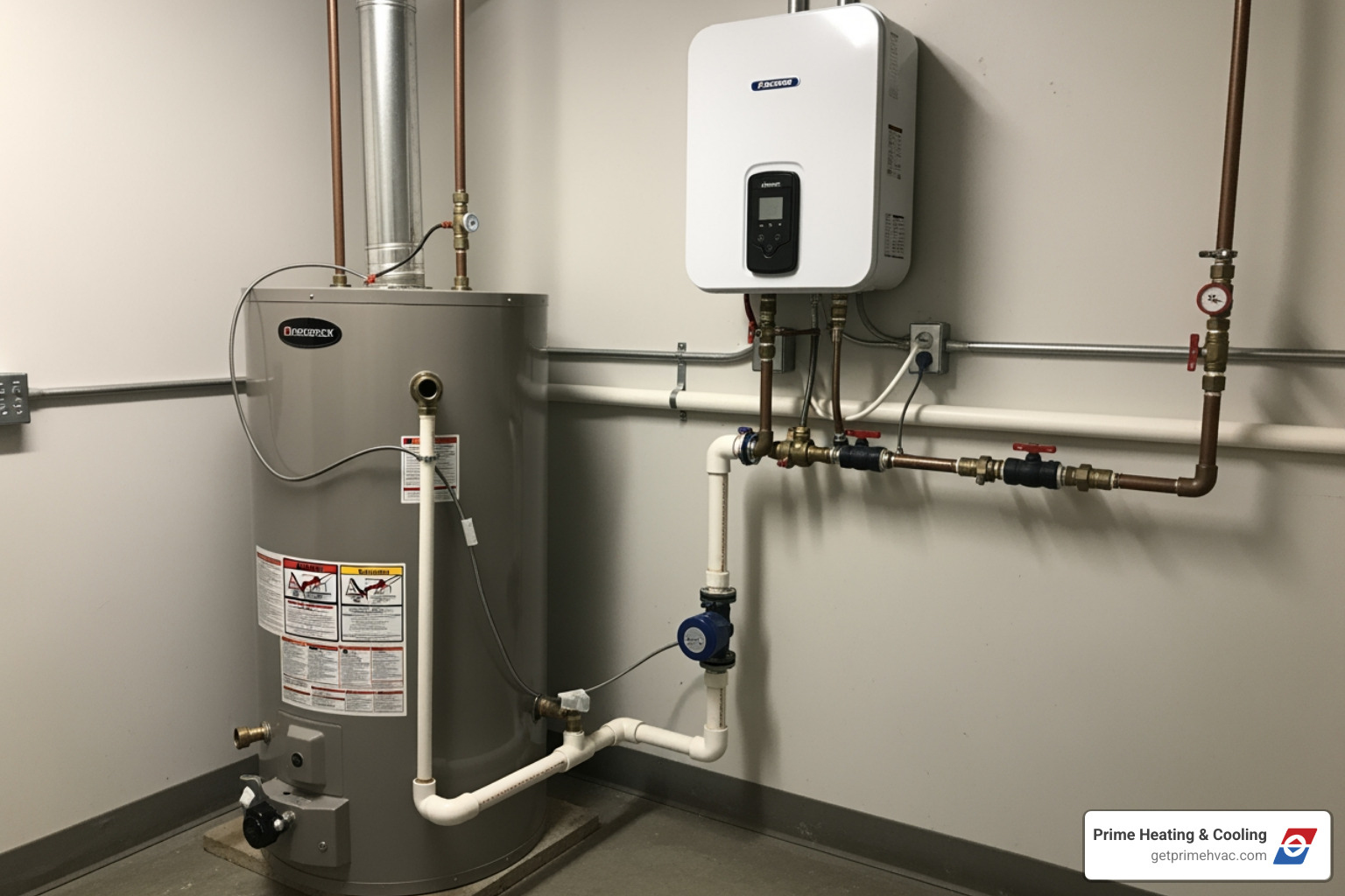 Tank-style commercial water heater next to a wall-mounted tankless unit in a commercial utility room. - commercial water heater installation cost
