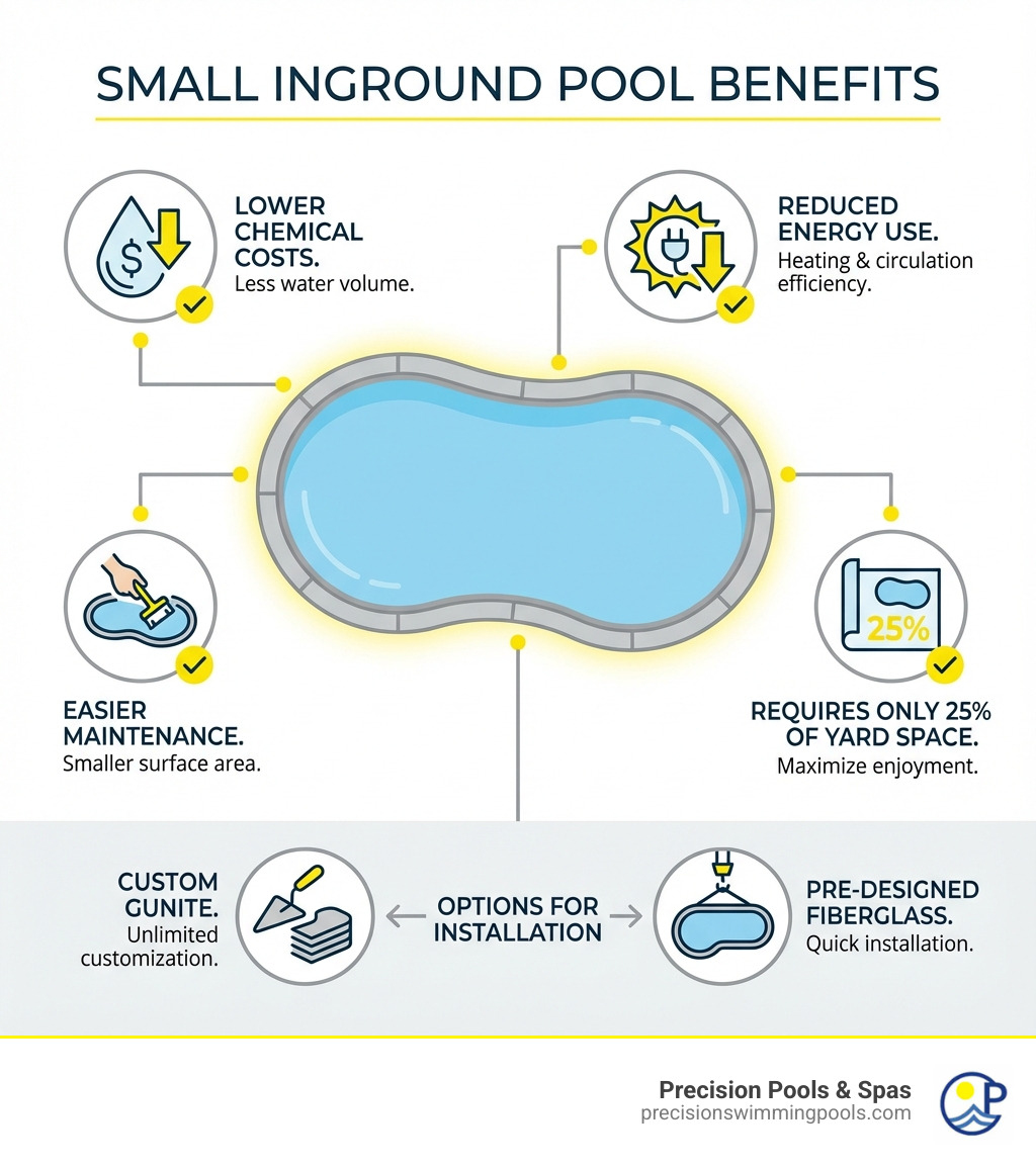 infographic showing small inground pool benefits: less water volume means lower chemical costs, reduced energy use for heating and circulation, easier maintenance with smaller surface area, requires only 25% of yard space, and options for both custom gunite and pre-designed fiberglass installations - small inground pools infographic 