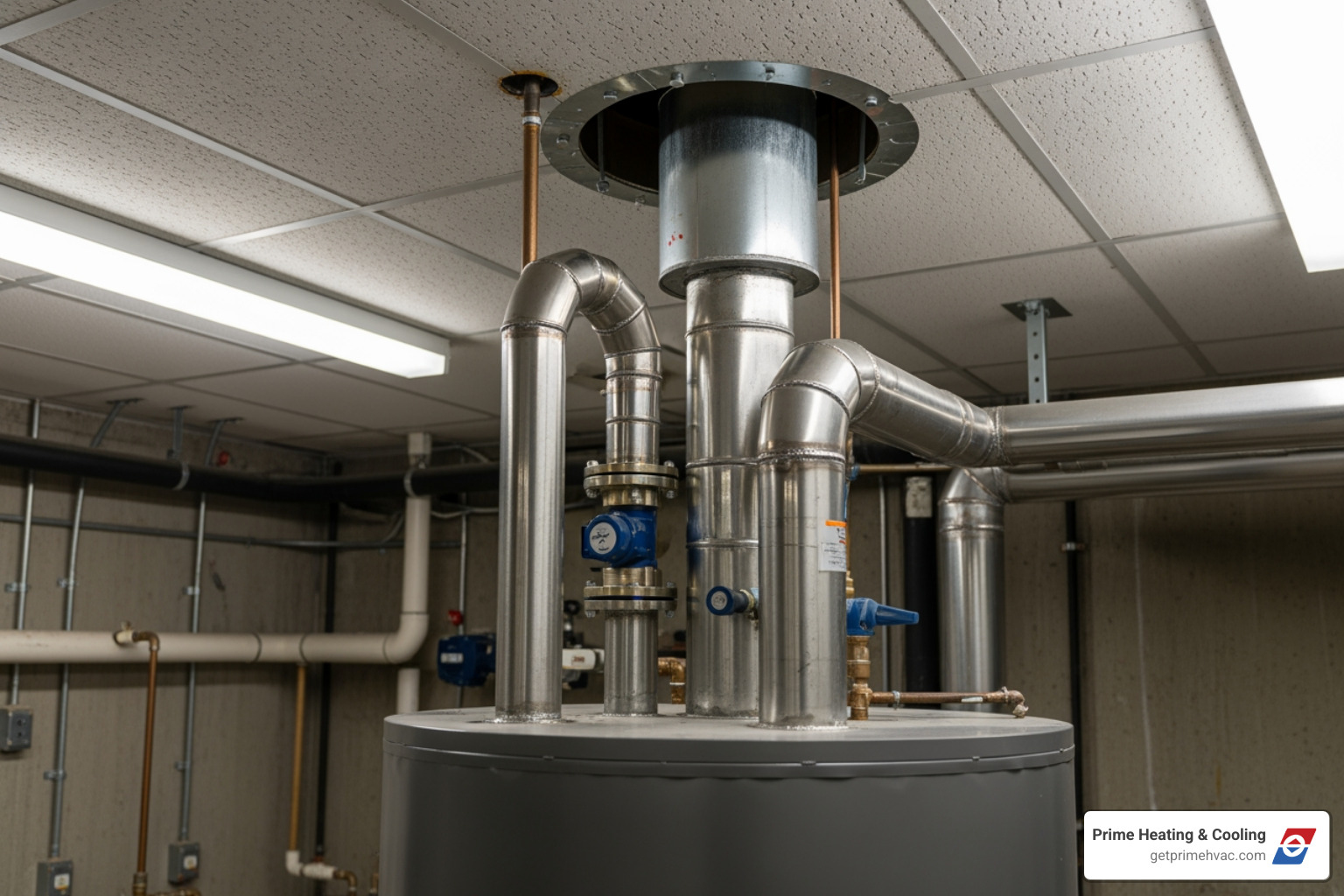 Specialized venting pipes for a commercial water heater extending through a ceiling. - commercial water heater installation cost