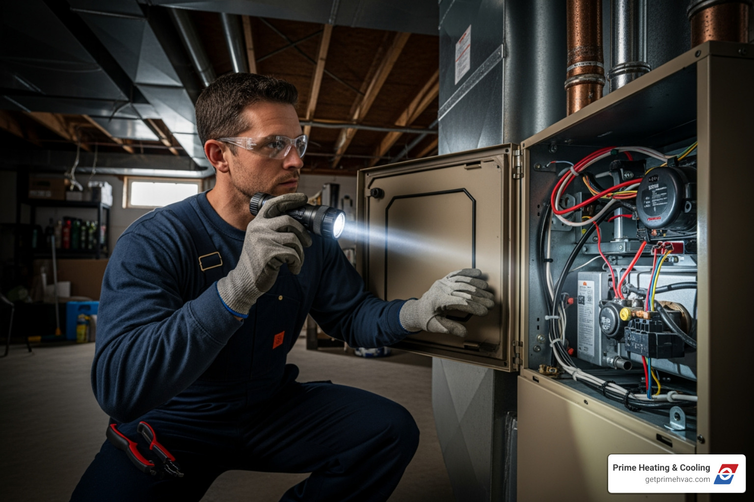 A professional HVAC technician wearing safety glasses and gloves, using a flashlight to inspect the internal components of a furnace - Heating system tune-up