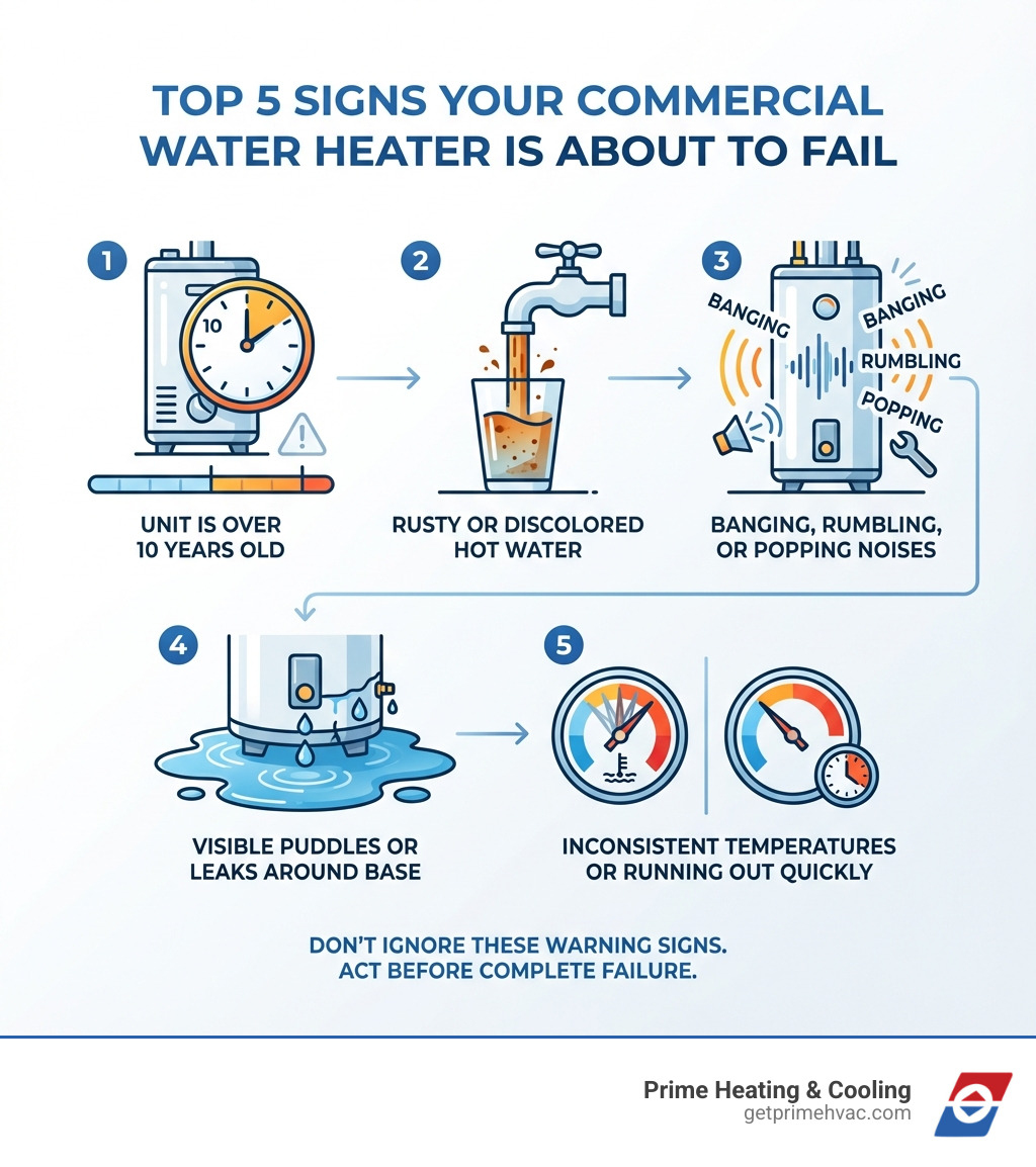 Infographic showing the top 5 signs a commercial water heater is about to fail: 1) Unit is over 10 years old, 2) Rusty or discolored hot water coming from taps, 3) Banging, rumbling, or popping noises from the tank, 4) Visible puddles or leaks around the base, 5) Inconsistent water temperatures or running out of hot water quickly - commercial water heater installation near me infographic 