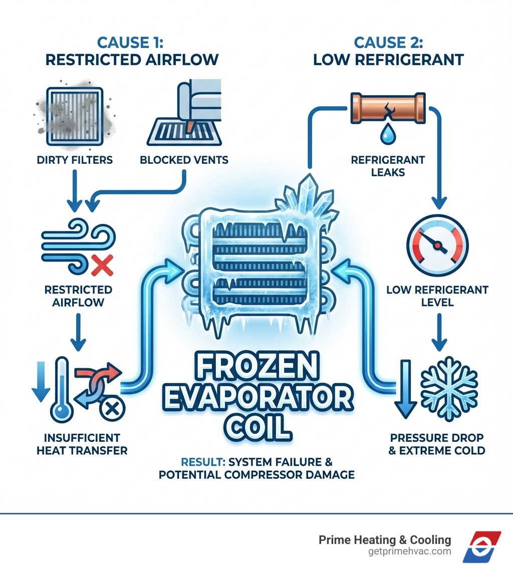 infographic showing the two main causes of frozen evaporator coils: restricted airflow from dirty filters or blocked vents causing insufficient heat transfer, and low refrigerant from leaks causing pressure drops and extreme cold temperatures - frozen evaporator coil fix infographic 