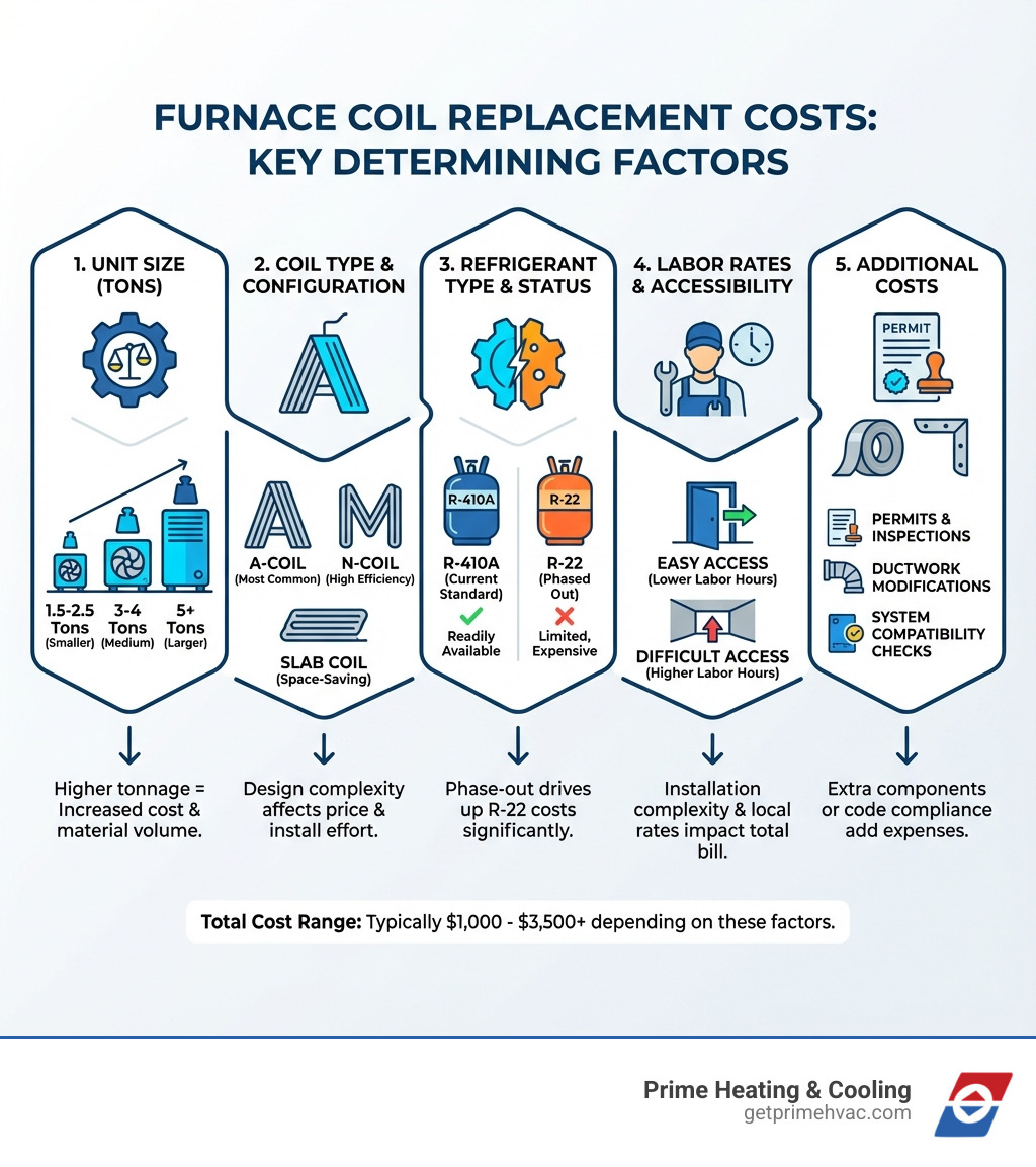 Infographic showing the main factors that determine furnace coil replacement costs, including unit size in tons, coil type and configuration, refrigerant type and phase-out status, labor rates and accessibility, and additional costs like permits and ductwork modifications - cost to replace furnace coil infographic 