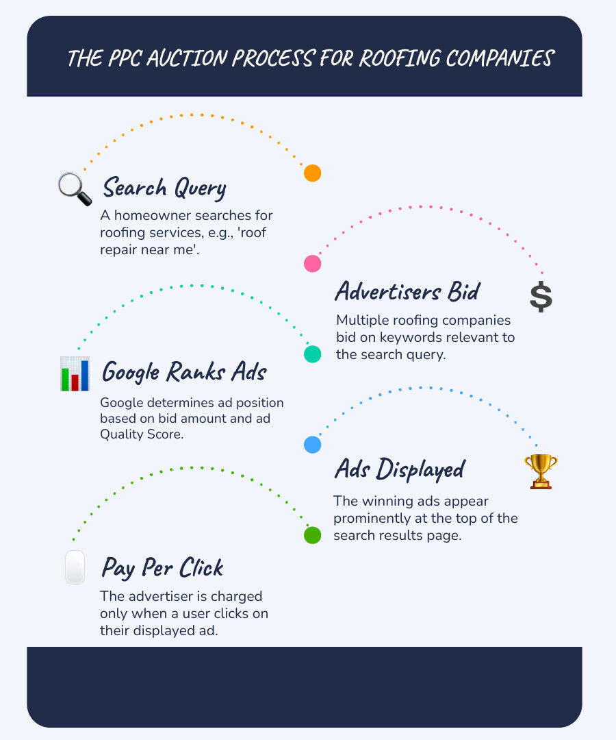 infographic showing the PPC auction process: a homeowner searches for roof repair, multiple roofing companies bid on that keyword, Google ranks ads based on bid amount and quality score, the winning ads appear at the top of search results, and the advertiser only pays when someone clicks - ppc for roofing companies infographic infographic-line-5-steps-blues-accent_colors