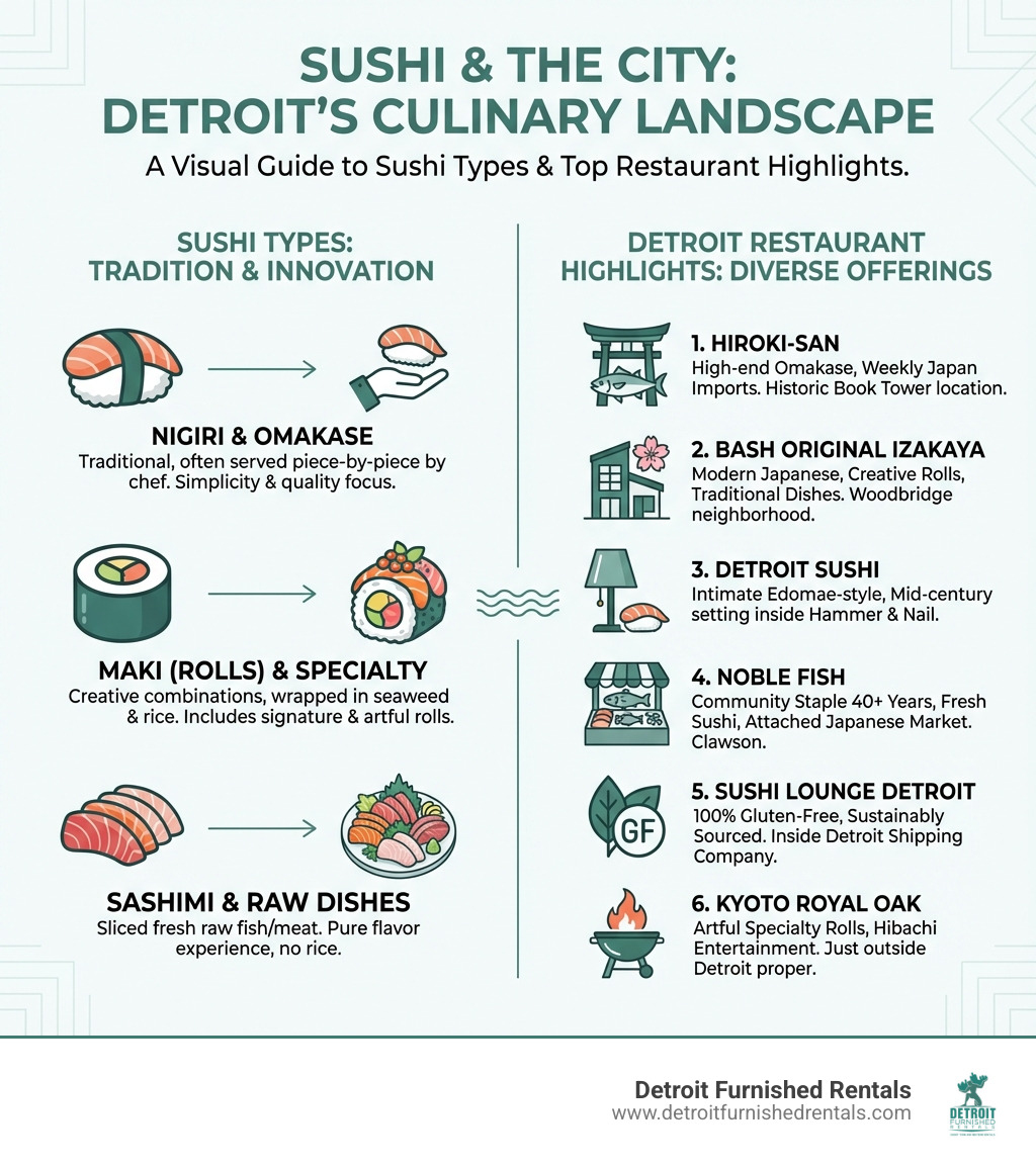 Infographic comparing sushi types and Detroit restaurant highlights - Detroit sushi restaurants infographic 