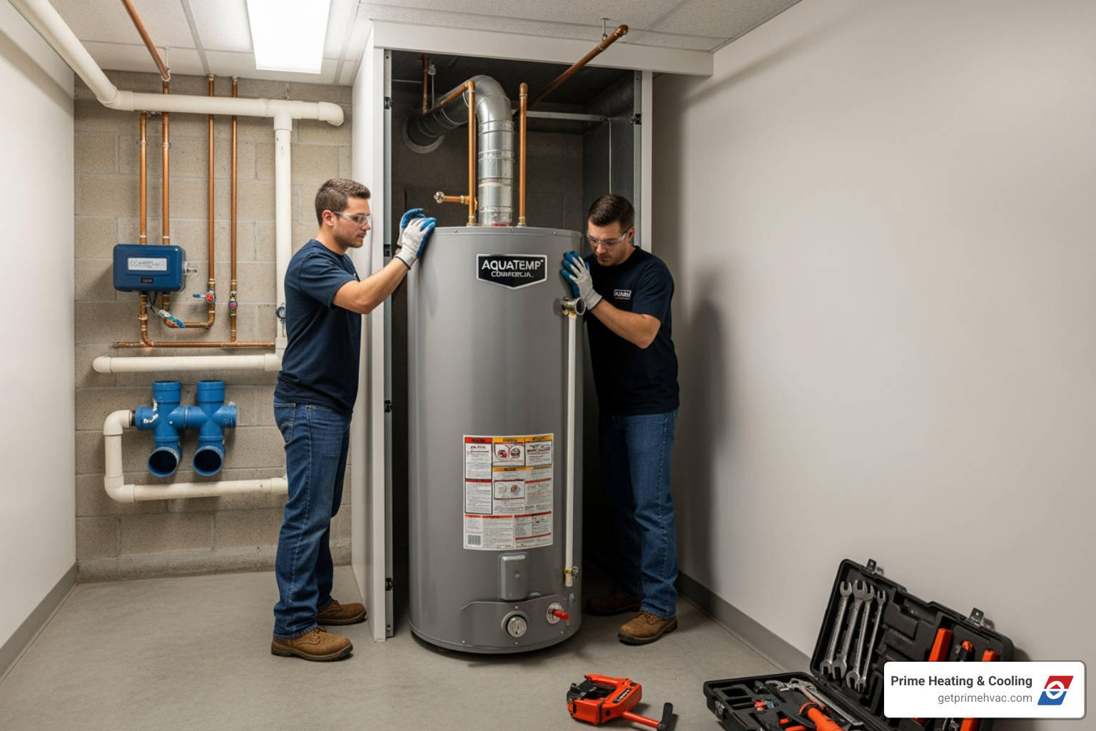 technician showing a business owner different water heater options - commercial water heater installation near me