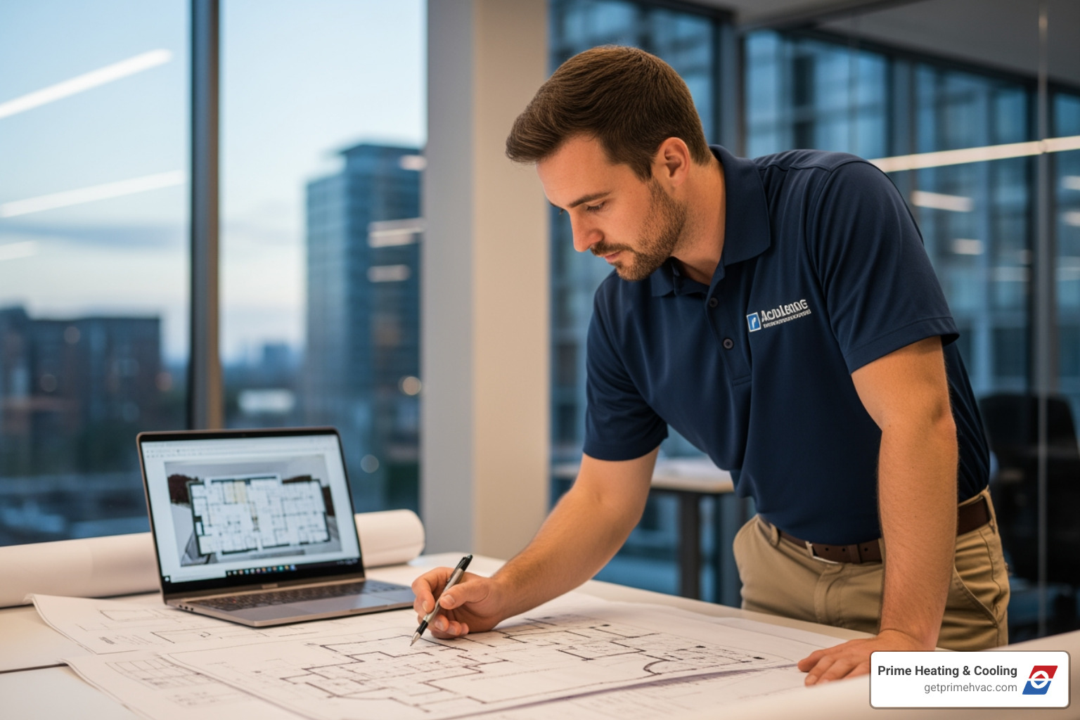technician reviewing blueprints in a commercial building - commercial hot water systems